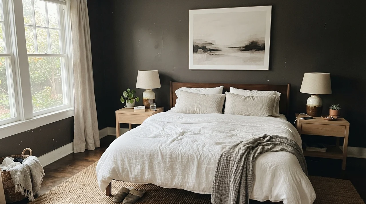 Main bedroom with Black Fox walls, white linen bedding, and pale oak nightstands.