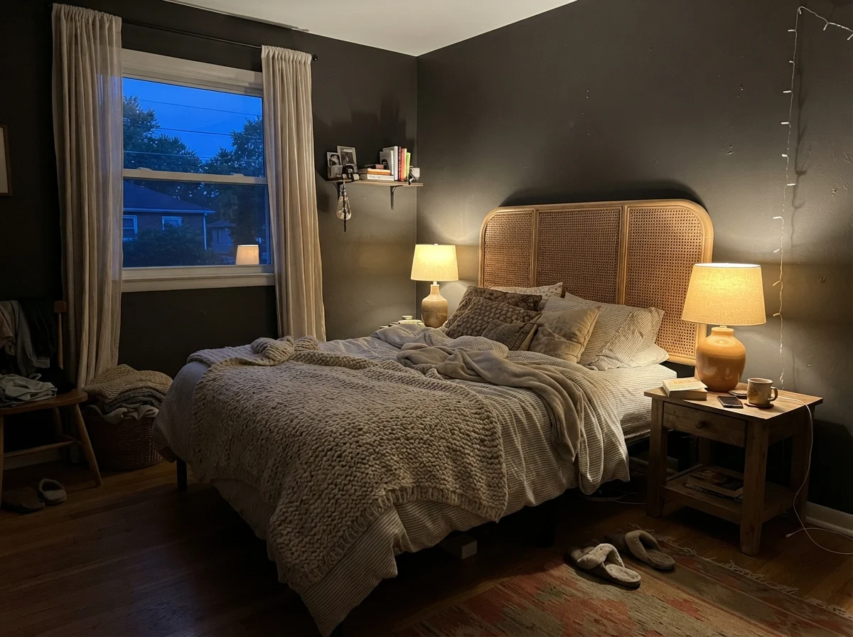 Bedroom with Black Fox walls illuminated by a warm evening table lamp.