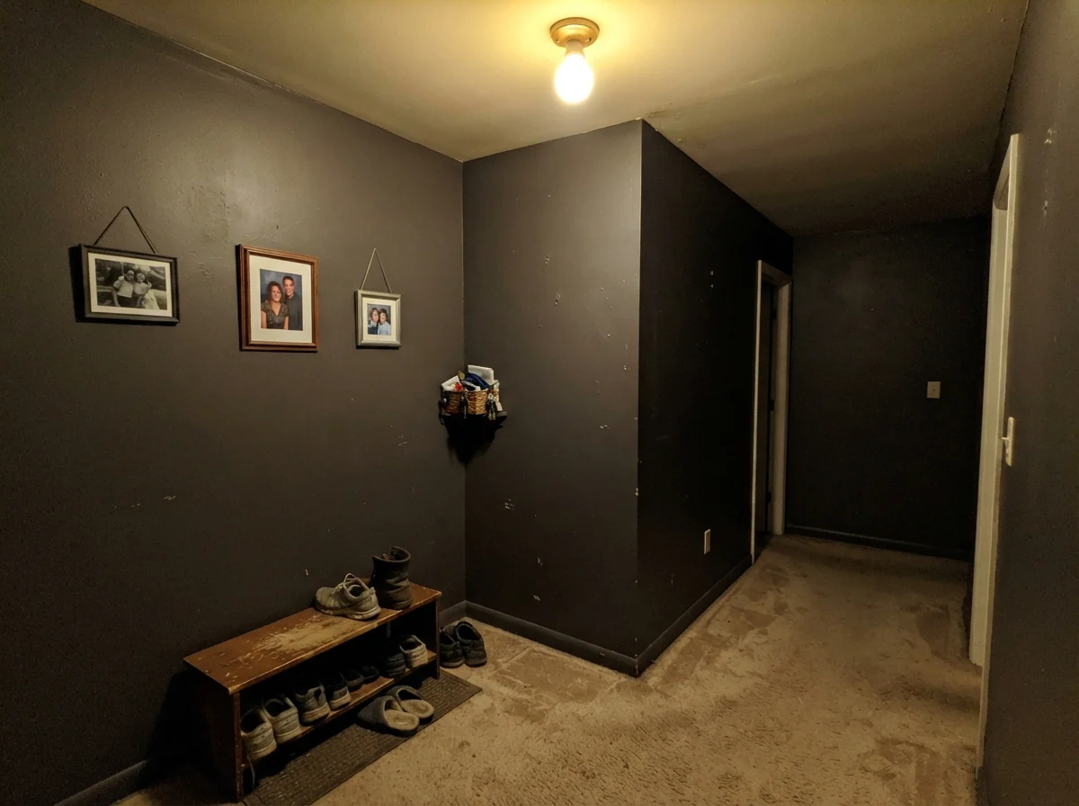 Windowless hallway showing Black Fox looking muddy and flat under dim lighting.
