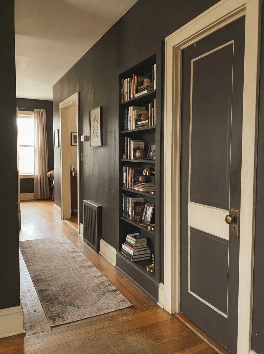 Interior door and built-in bookshelf painted in Black Fox against cream walls.