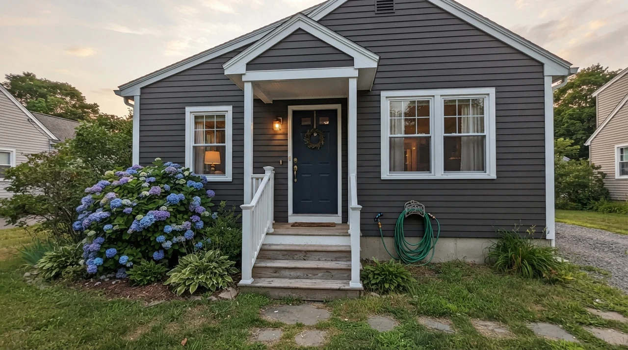 House exterior with horizontal siding painted in Sherwin-Williams Black Fox with white trim.
