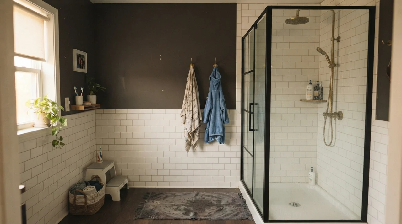 Family bathroom with Black Fox painted upper walls above white subway tile wainscot and brass fixtures.