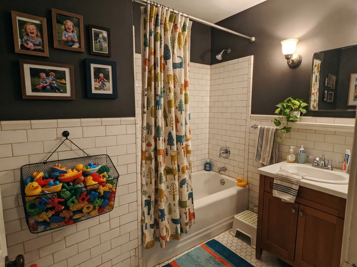 Kids bathroom with Black Fox walls over subway tile and warm lighting.