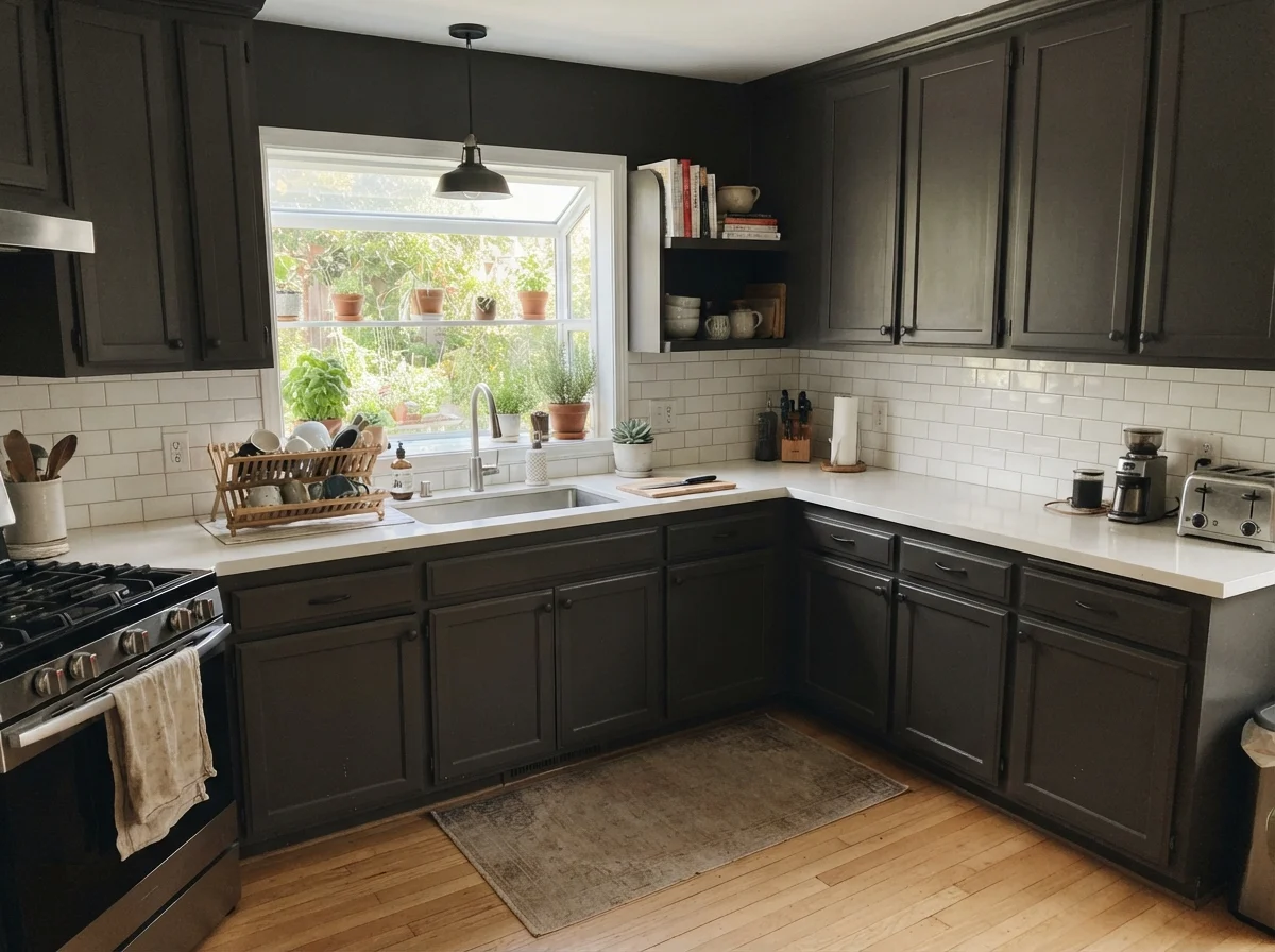 Kitchen shaker cabinets painted in Sherwin-Williams Black Fox with white counters.