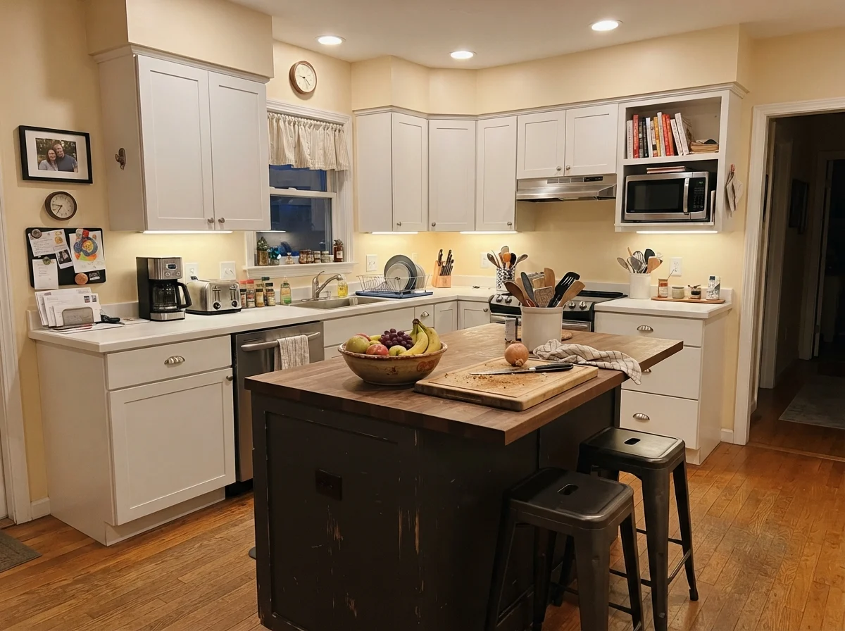 Kitchen island painted in Black Fox with cream walls and white cabinets.