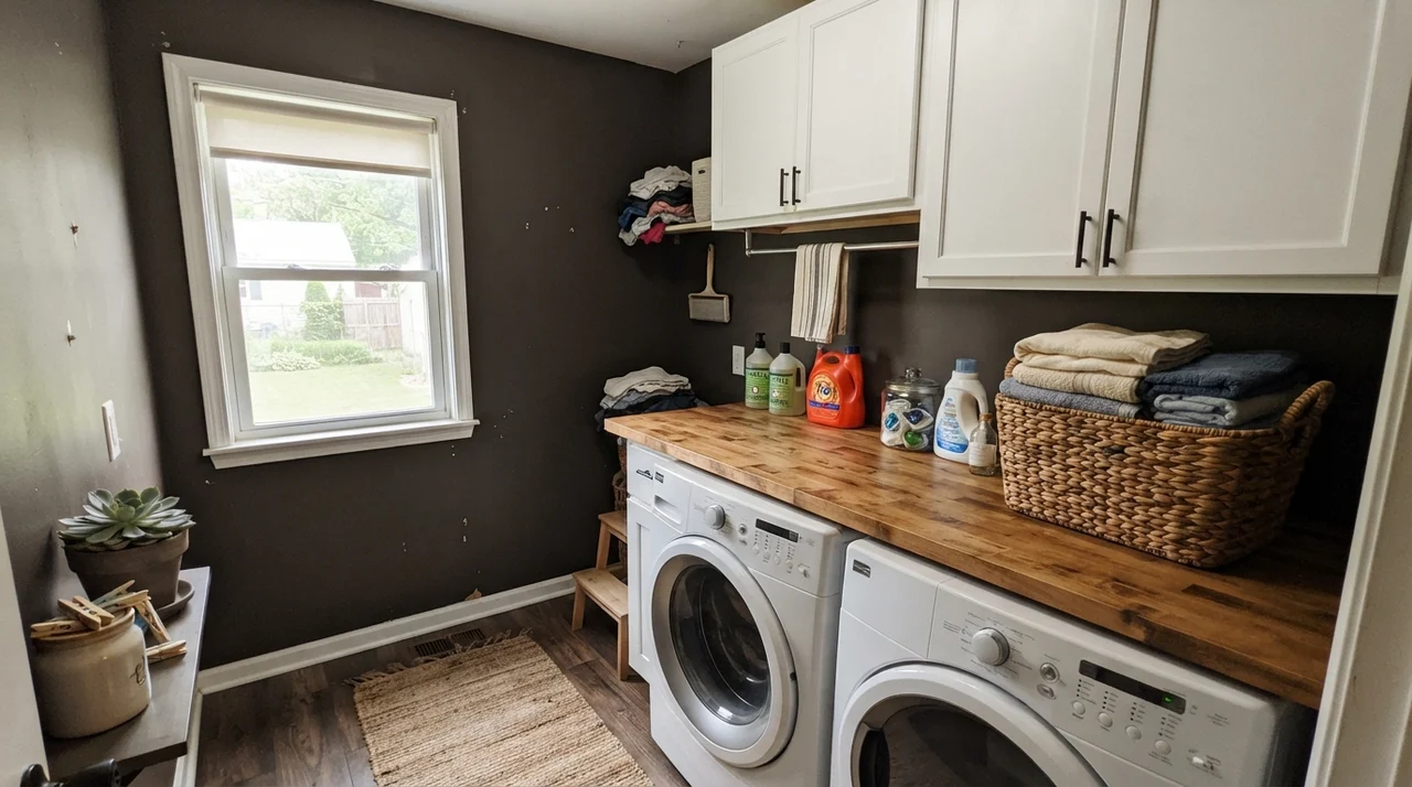 Bright laundry room with Black Fox walls and butcher block counter.
