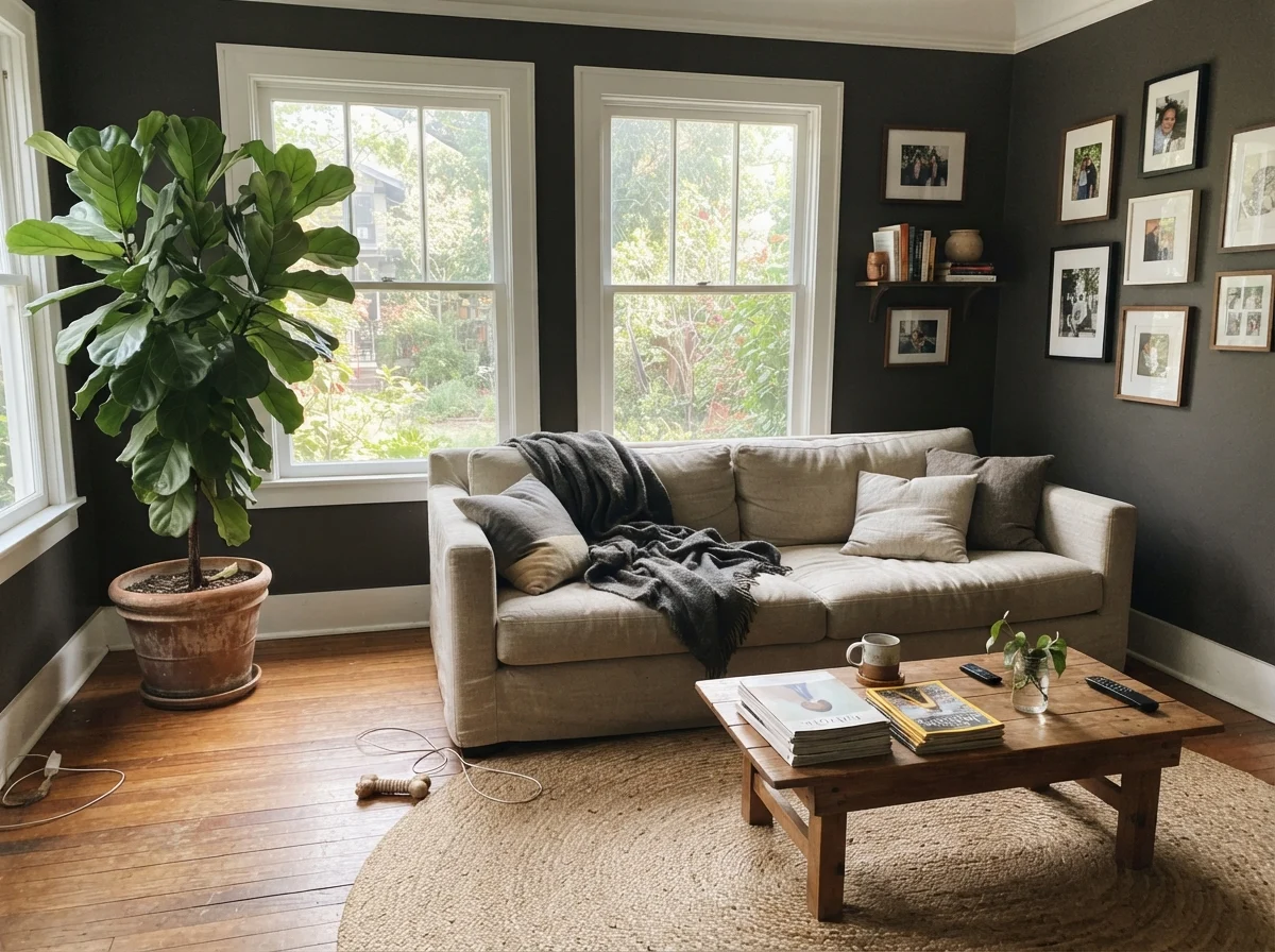Sunlit living room with Black Fox walls, linen sofa, and jute rug.