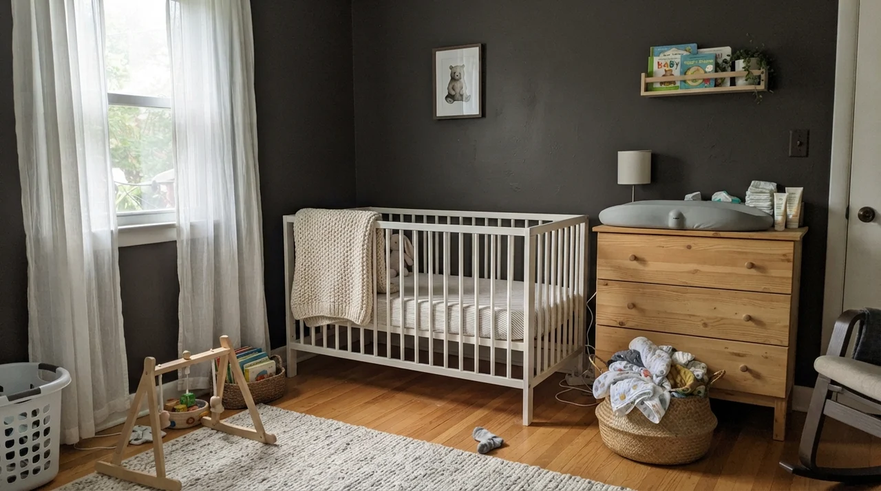 Nursery featuring Black Fox painted walls and light wood dresser.
