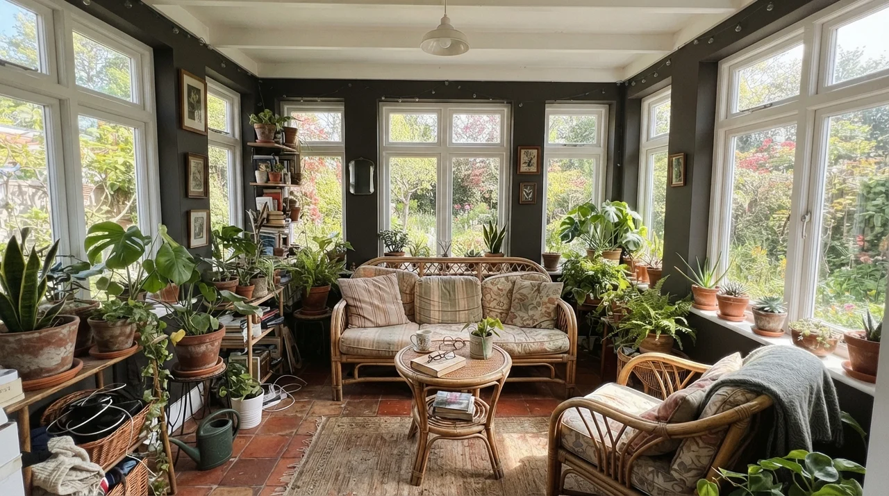 Sunroom with Black Fox walls between bright white window frames and terracotta pots.