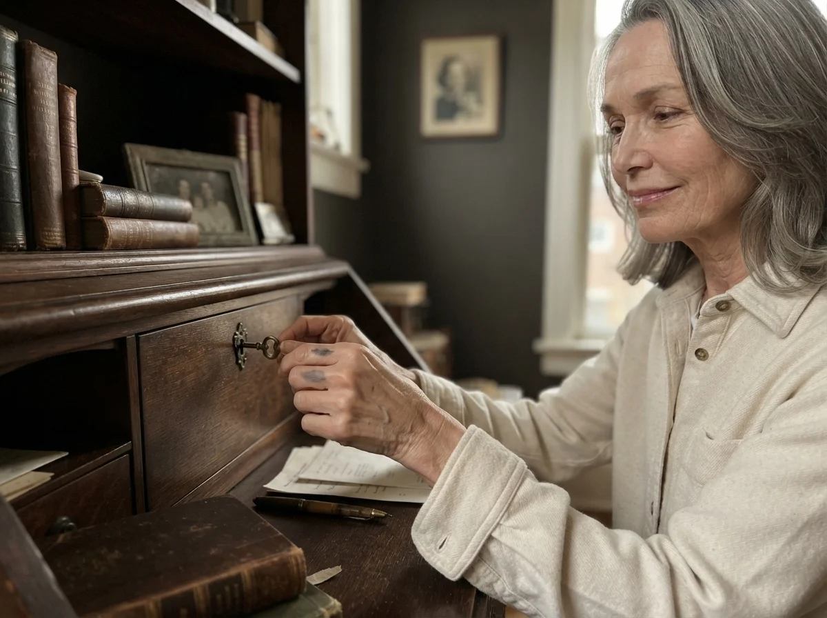 Susan Hartley turning a brass key in an antique desk surrounded by Black Fox walls.
