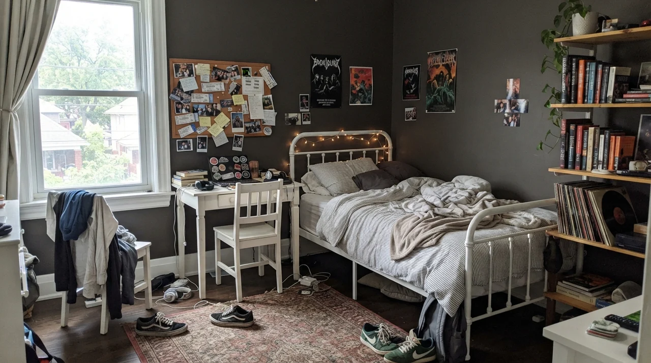 Teenager bedroom with Black Fox walls, white metal bed frame, and desk.