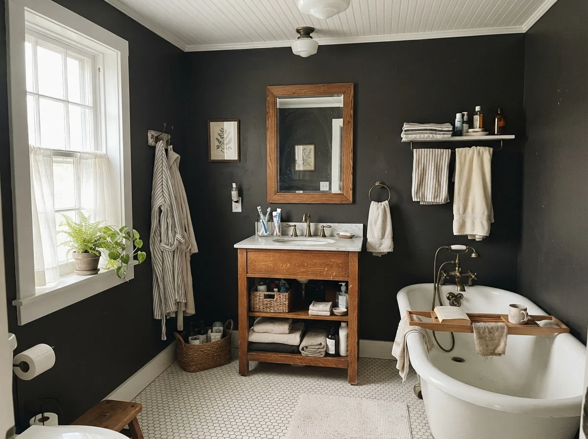 Cottage bathroom with clawfoot tub, white hex tile, oak vanity, and dark walls.