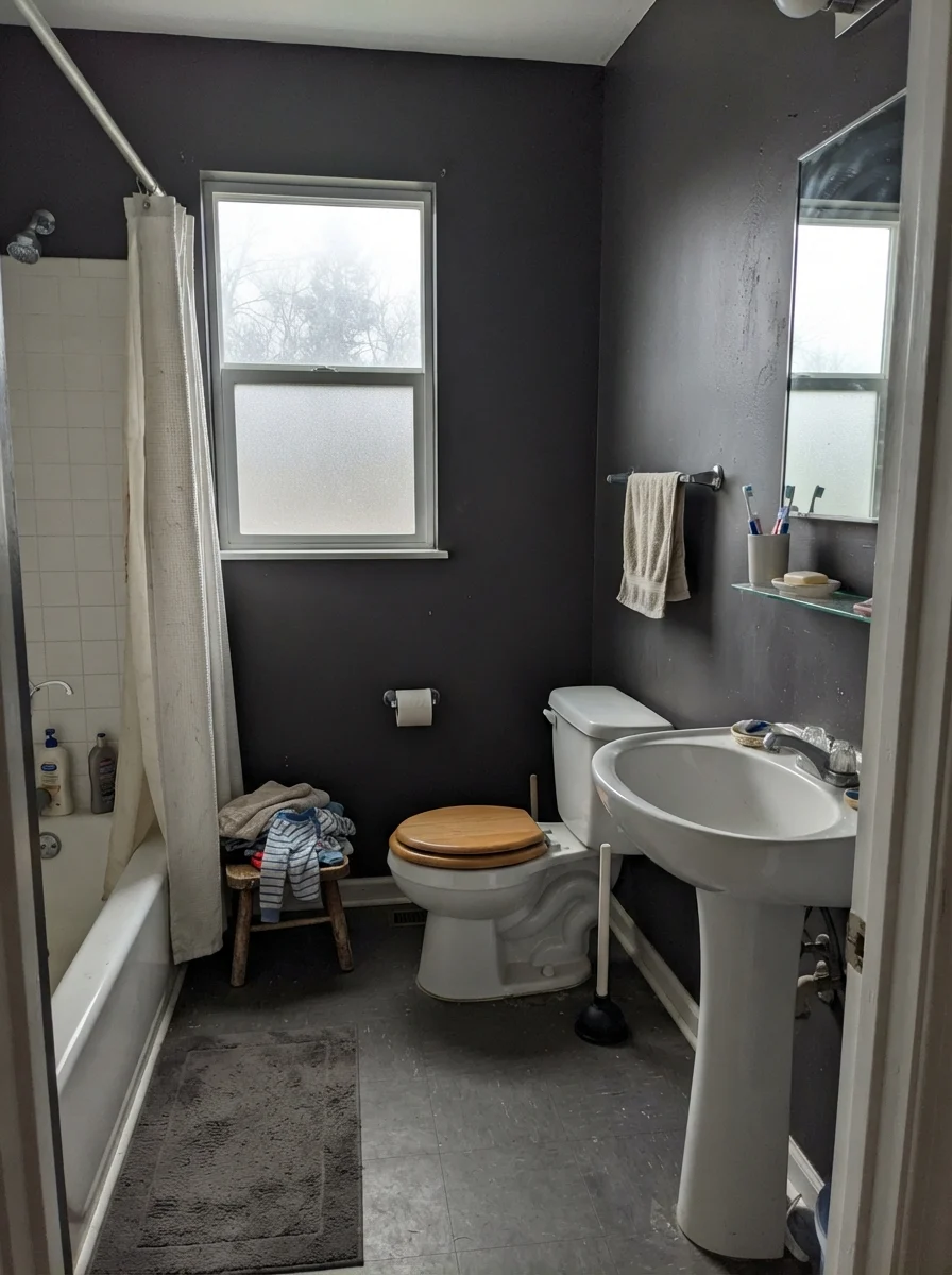 Small bathroom with painted walls looking muted in flat overcast daylight.
