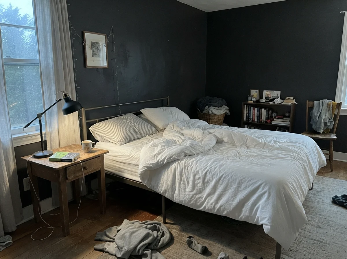 Bedroom with unmade bedding and wood nightstand under cool early morning light.