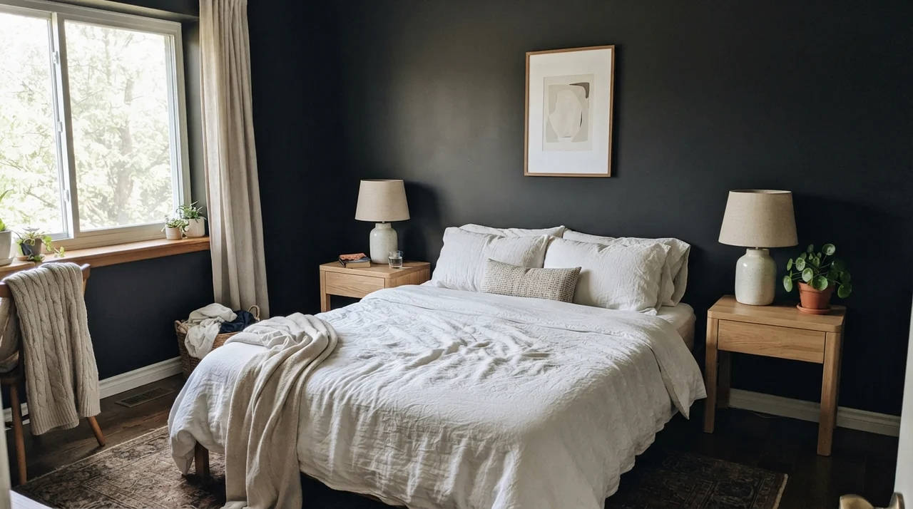 Main bedroom with dark walls, white linen bedding, and pale oak nightstands.
