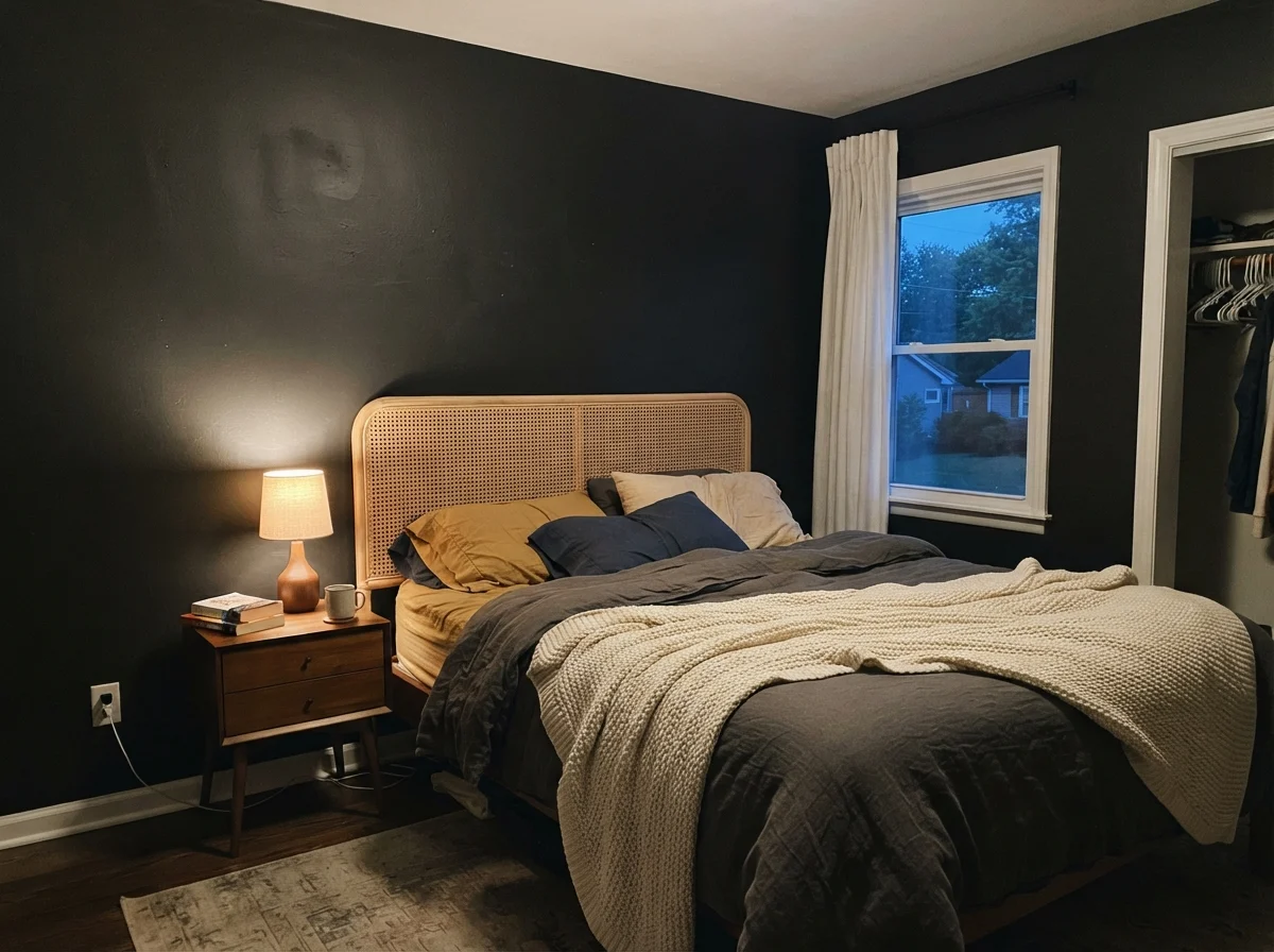 Bedroom wall lit by a warm table lamp in the evening with cane headboard.