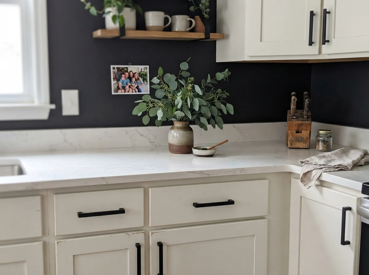 Close-up of dark shaker cabinets with matte black handles and white quartz counter.