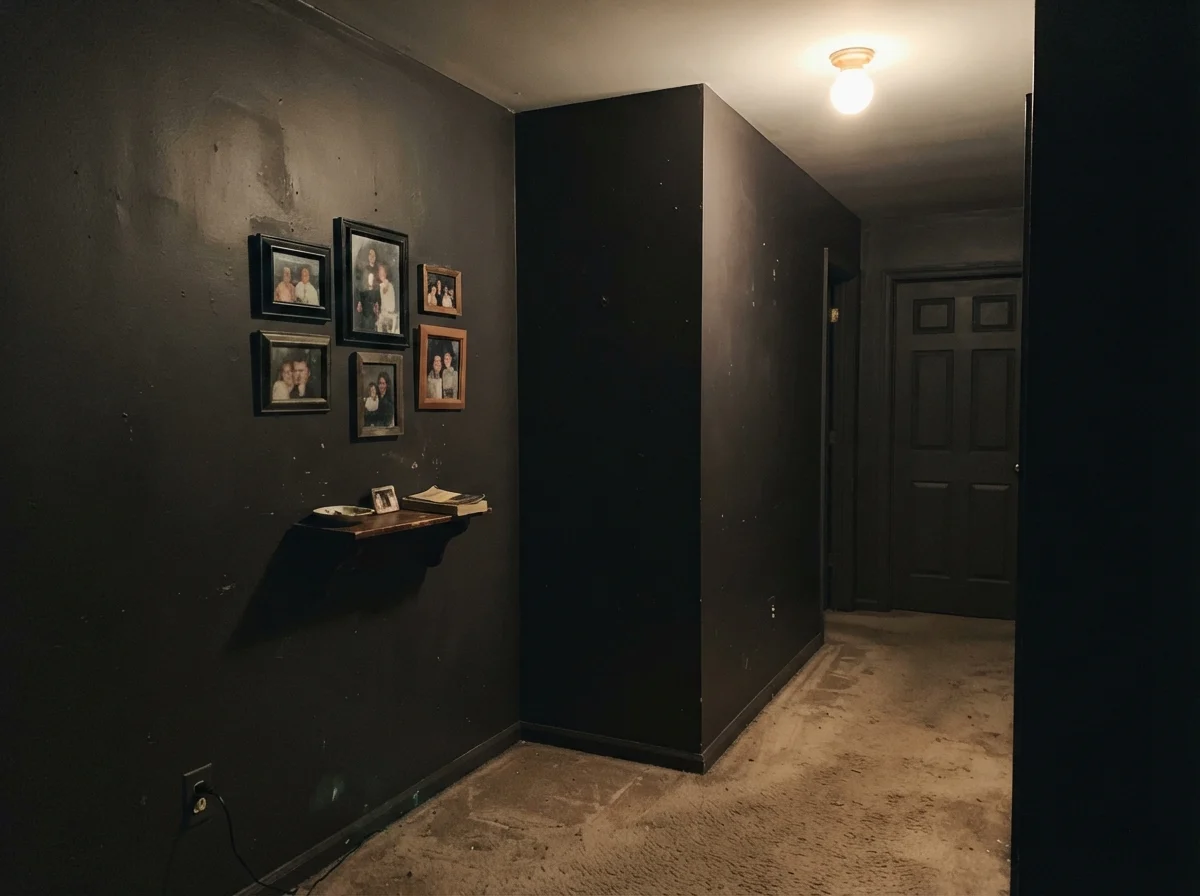 Windowless hallway corner with dark wall looking flat and muddy under a ceiling bulb.