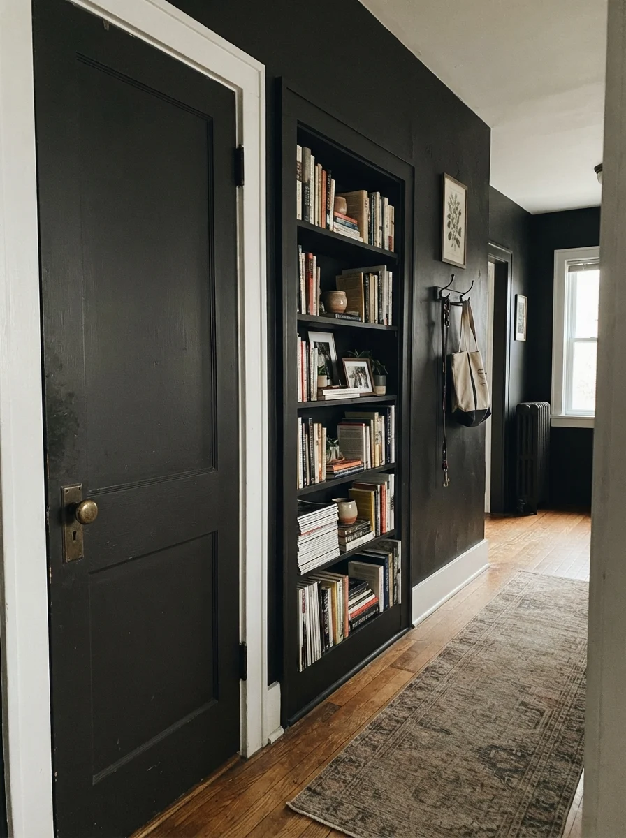 Two-panel door and built-in bookshelf painted Black Magic in a cream hallway.