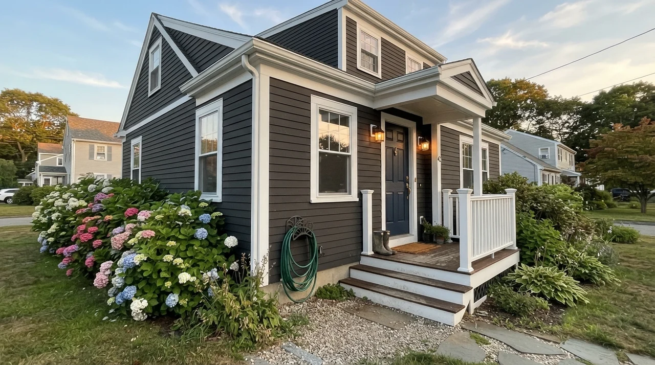 Exterior siding painted Black Magic with white trim and porch in early evening light.
