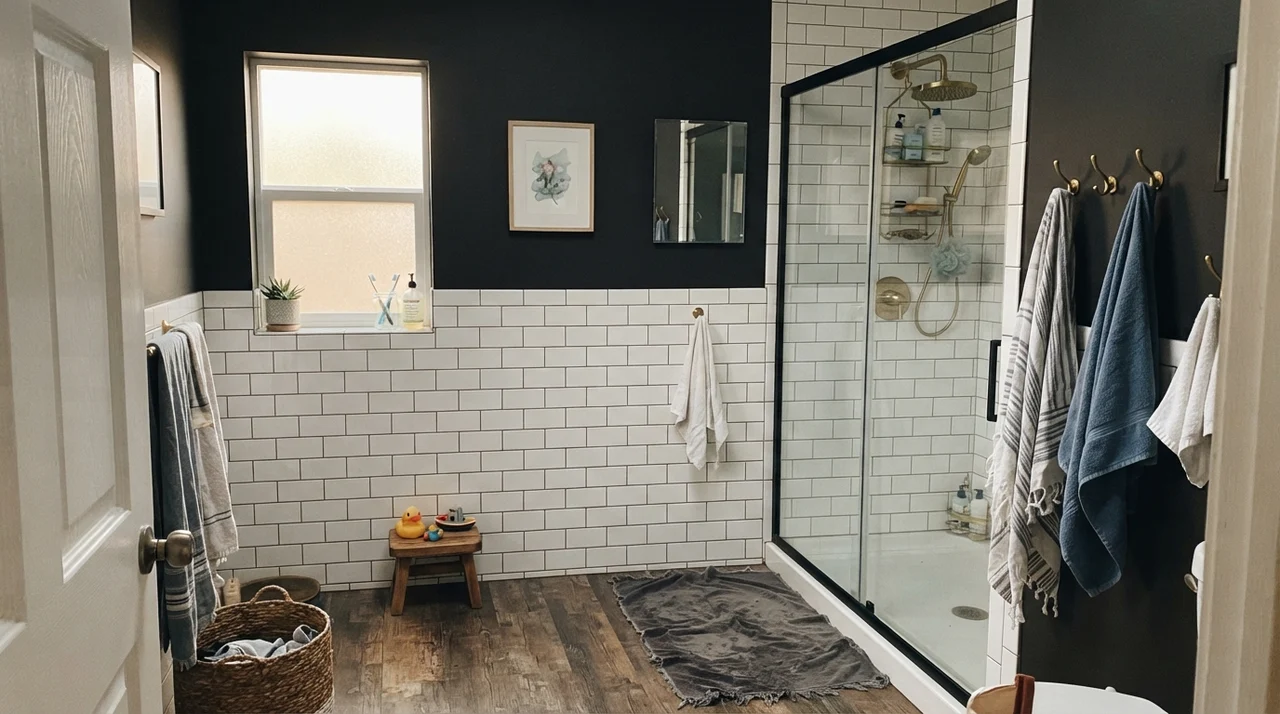 Family bathroom with Black Magic upper walls above white subway tile wainscot and brass fixtures.