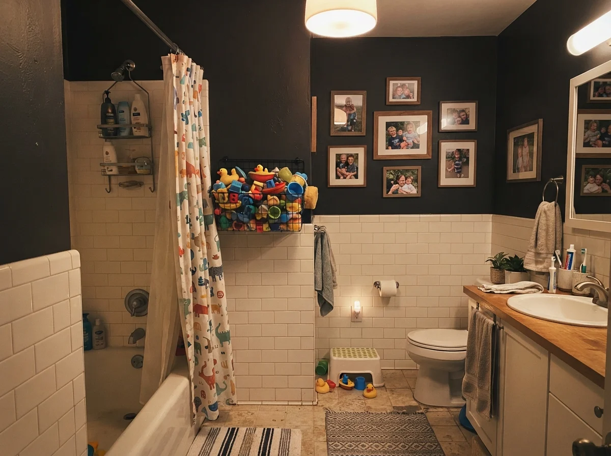 Kids bathroom with dark upper walls over white tile, bath toys, and photos.