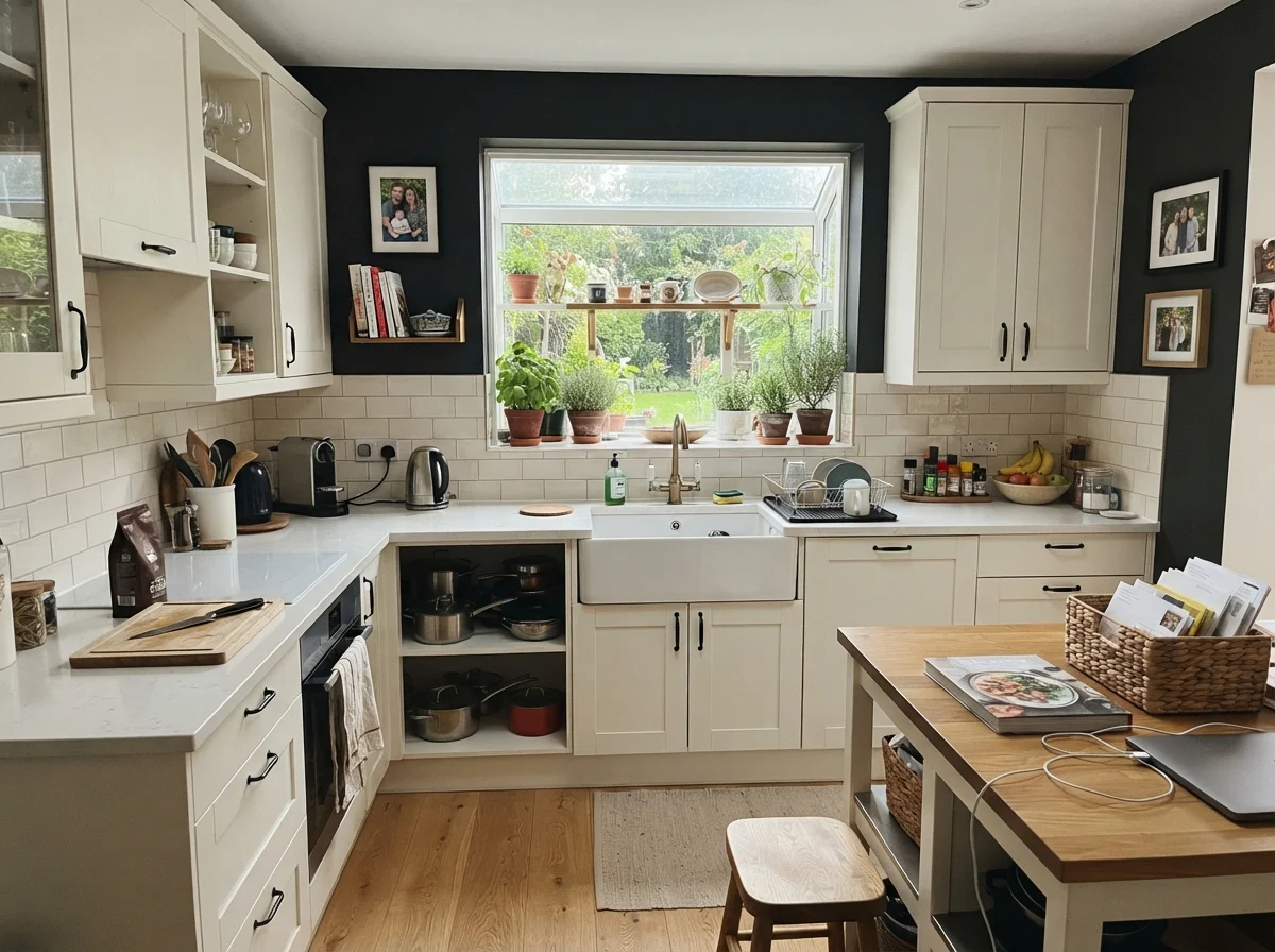 Kitchen with Black Magic shaker cabinets, white subway tile, and light oak flooring.