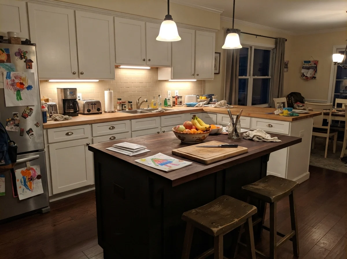 Family kitchen island painted Black Magic with surrounding white cabinets.