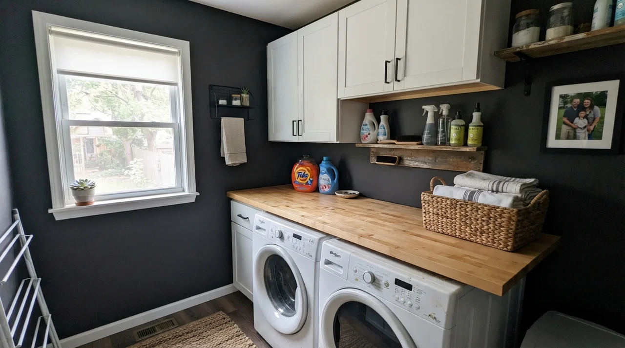 Bright laundry room with dark painted walls, butcher block counter, and white cabinets.