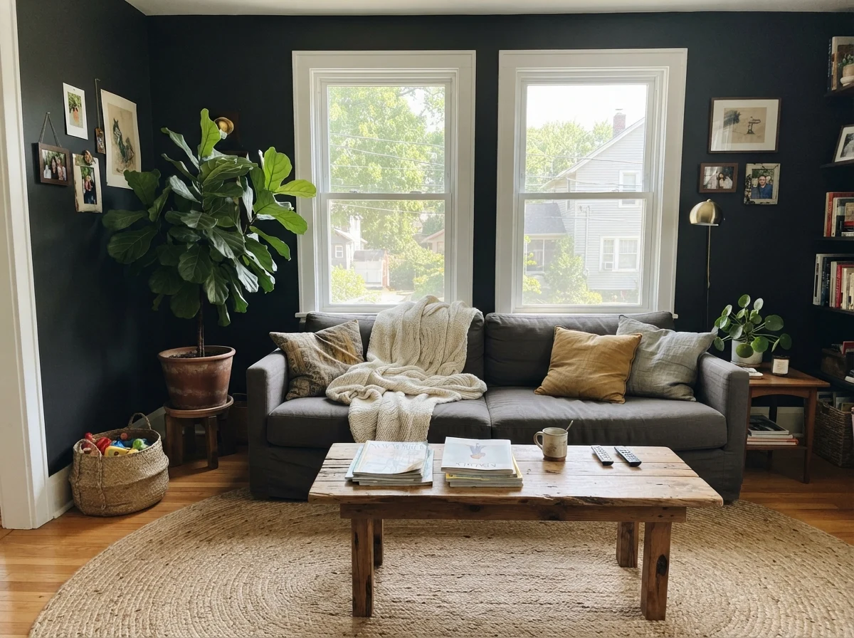 Sunlit living room with Black Magic walls, linen sofa, wood coffee table, and jute rug.