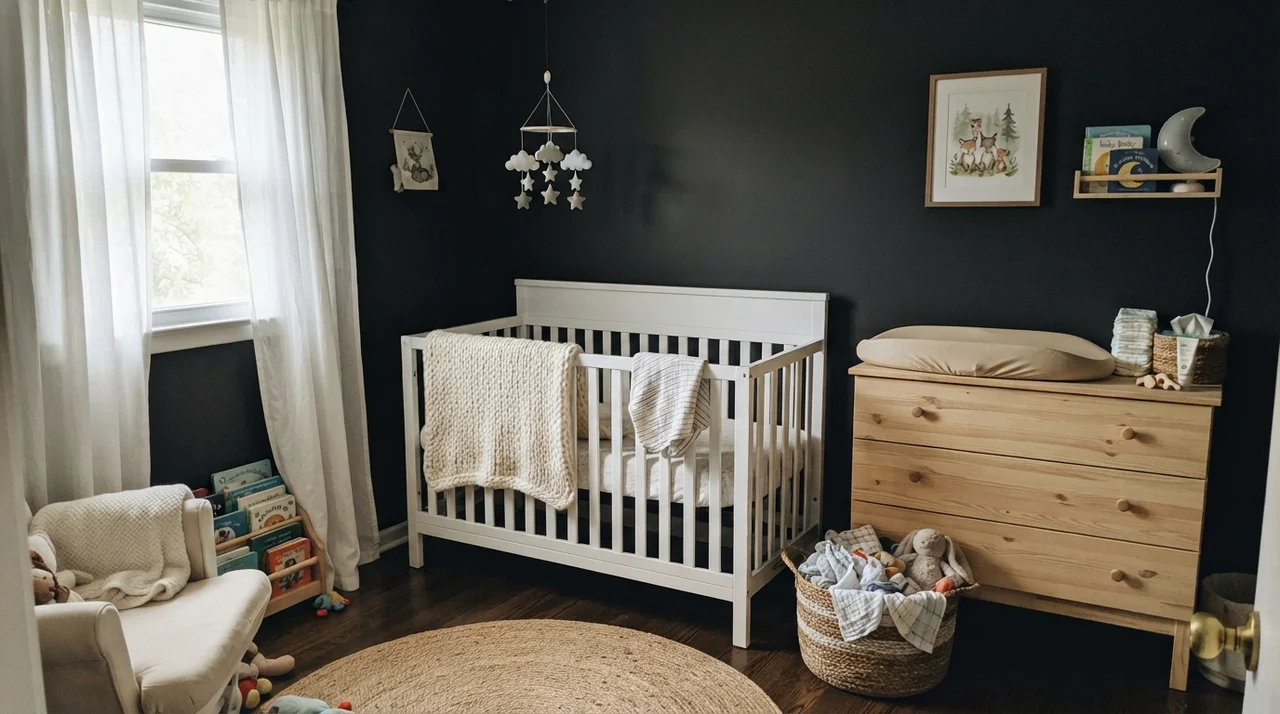 Nursery featuring dark walls, white crib, and light wood changing dresser.