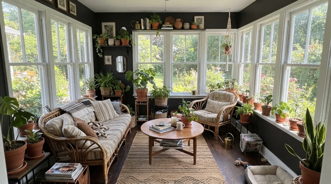 Bright sunroom with Black Magic walls between white window frames and terracotta pots.