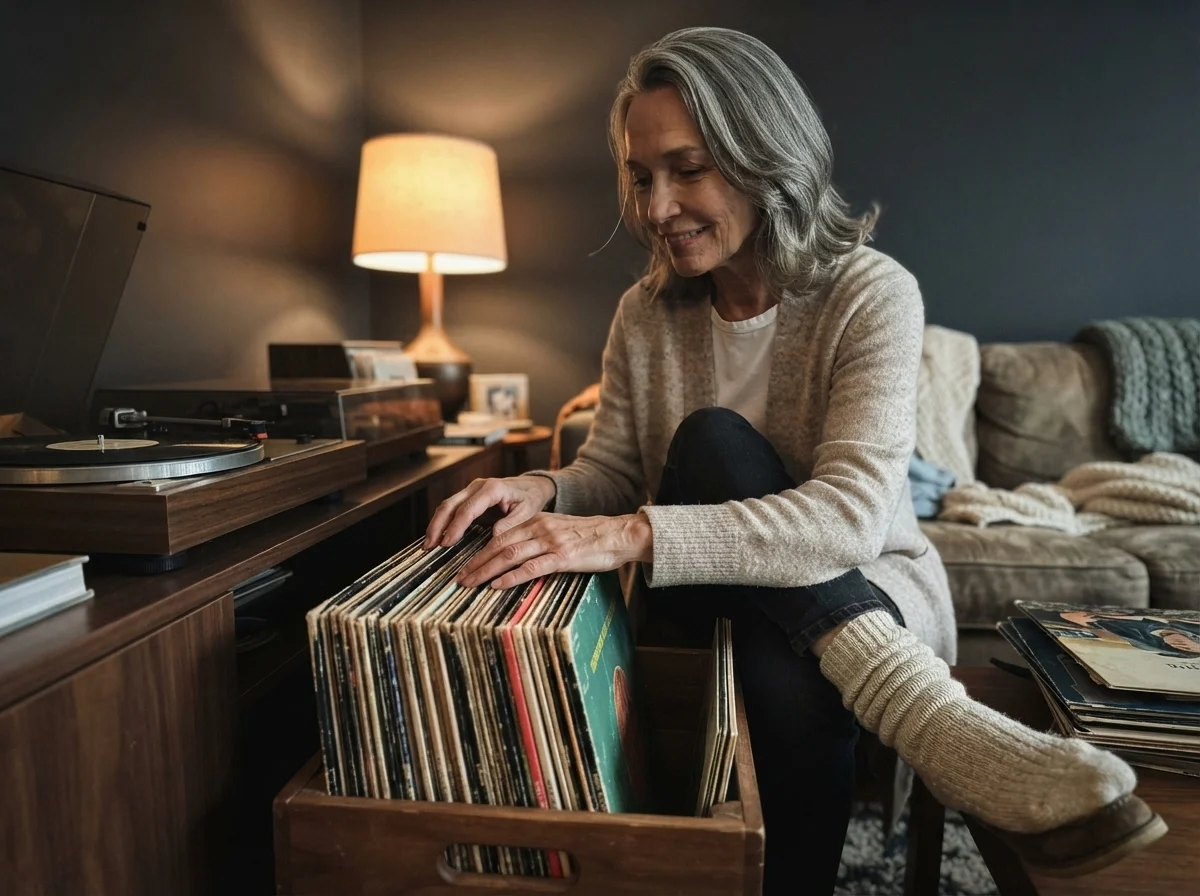 Susan Hartley browsing records in a living room with Black Magic walls.