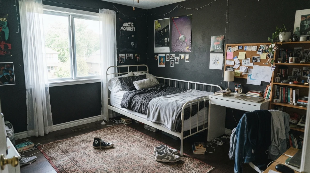 Teen bedroom with Black Magic walls, white metal bed frame, and desk.