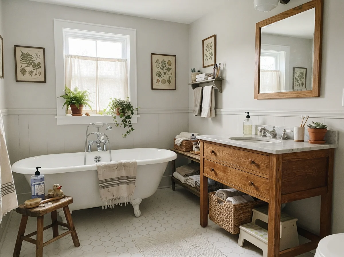 Cottage bathroom with clawfoot tub and warm wood vanity against City Loft walls