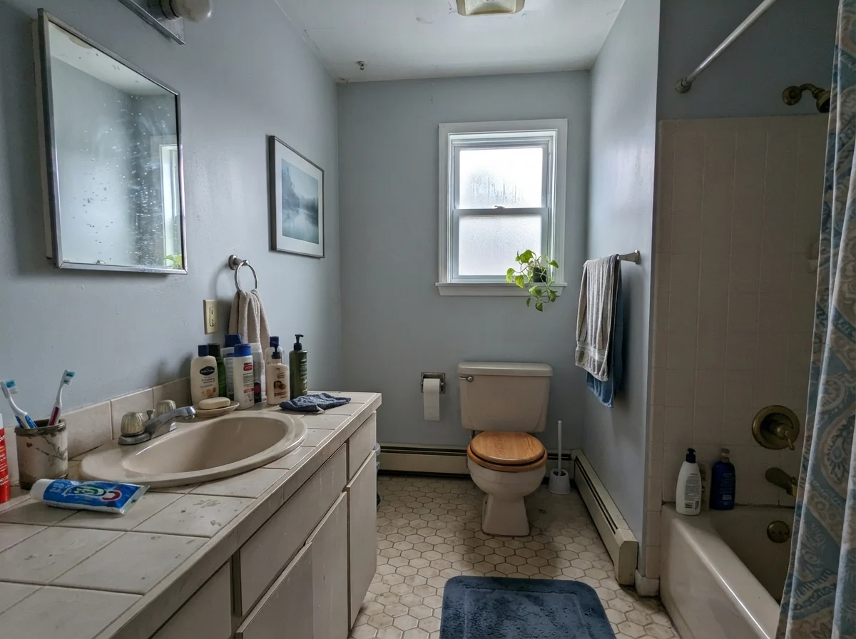 Modest dated bathroom with cool north light showing City Loft's cooler cast