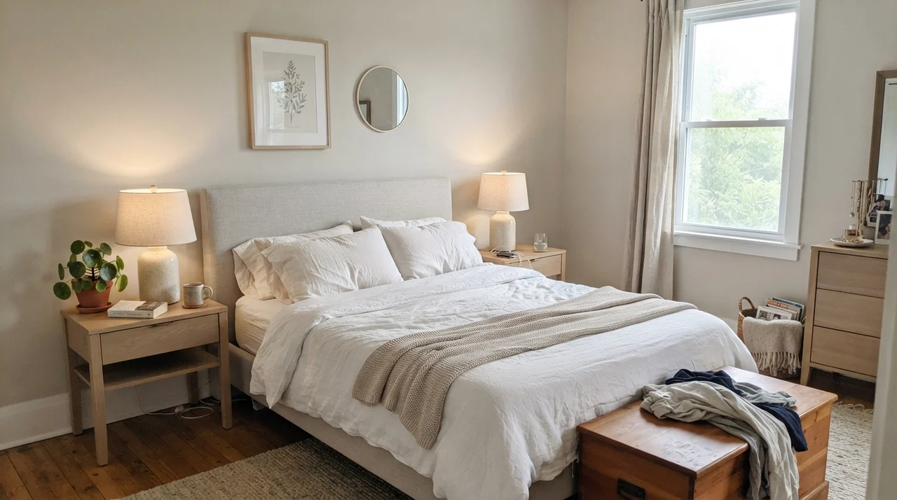 Main bedroom with City Loft walls and white linen bedding