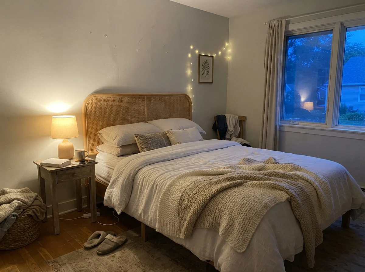 Bedroom with City Loft walls illuminated by a warm evening bedside lamp