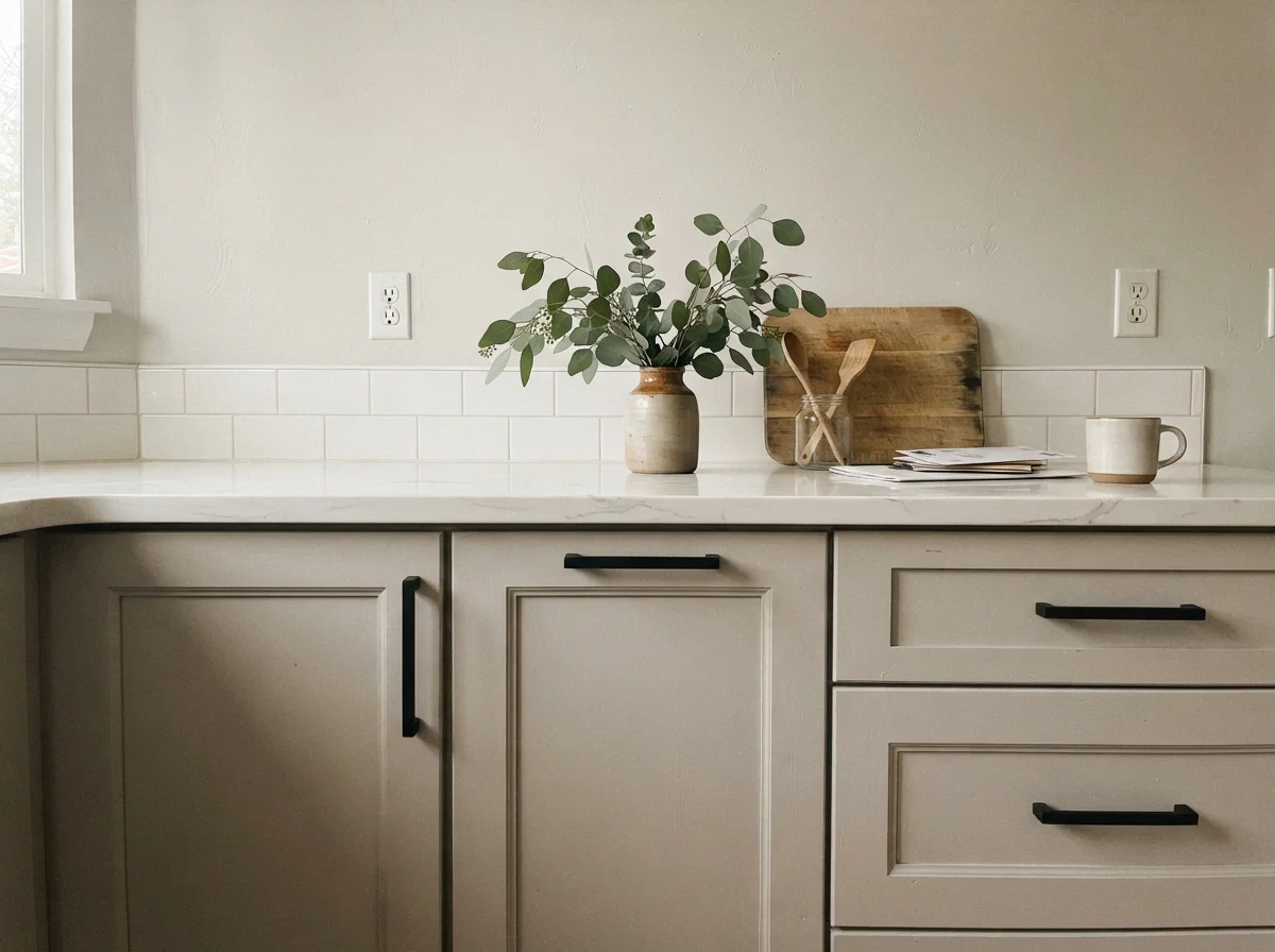 Close-up of City Loft cabinet doors with matte black hardware and white quartz