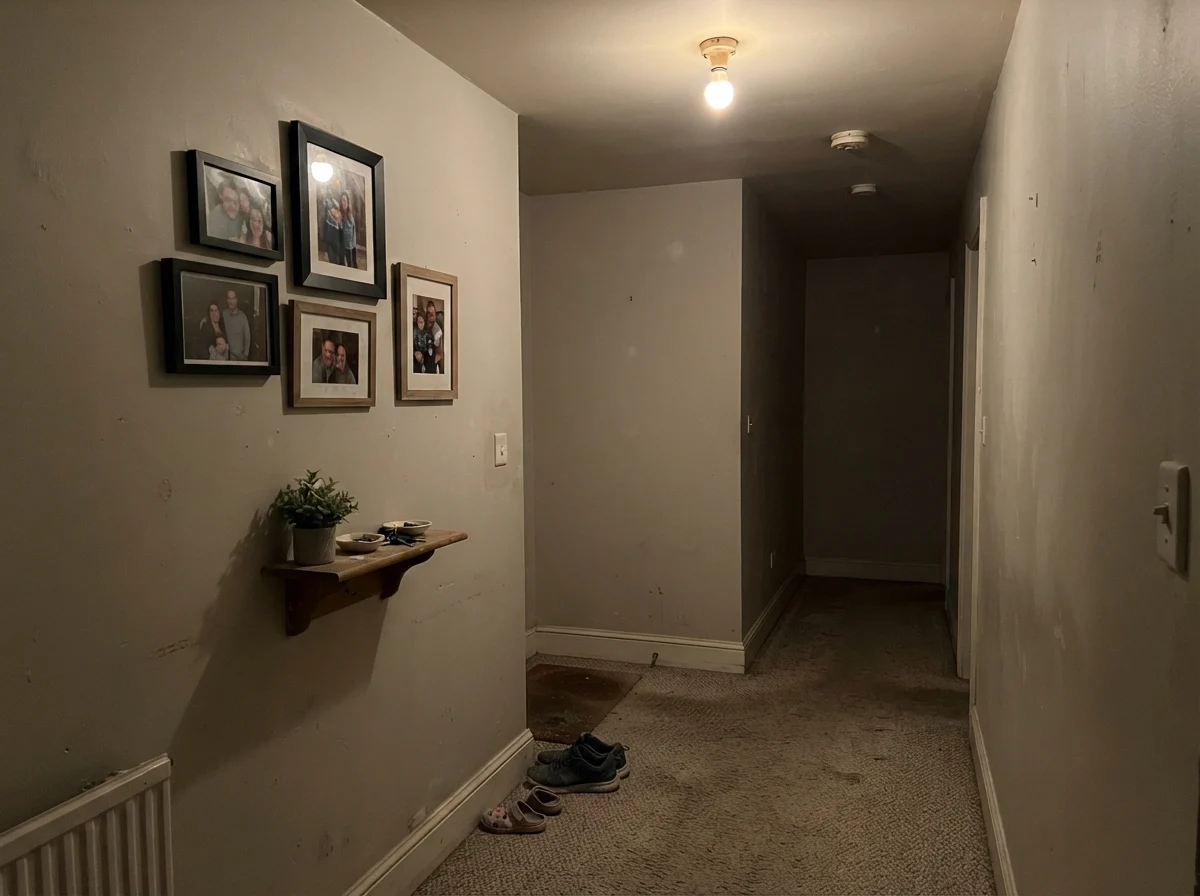 Windowless hallway corner showing City Loft looking flat and muddy under a single bulb