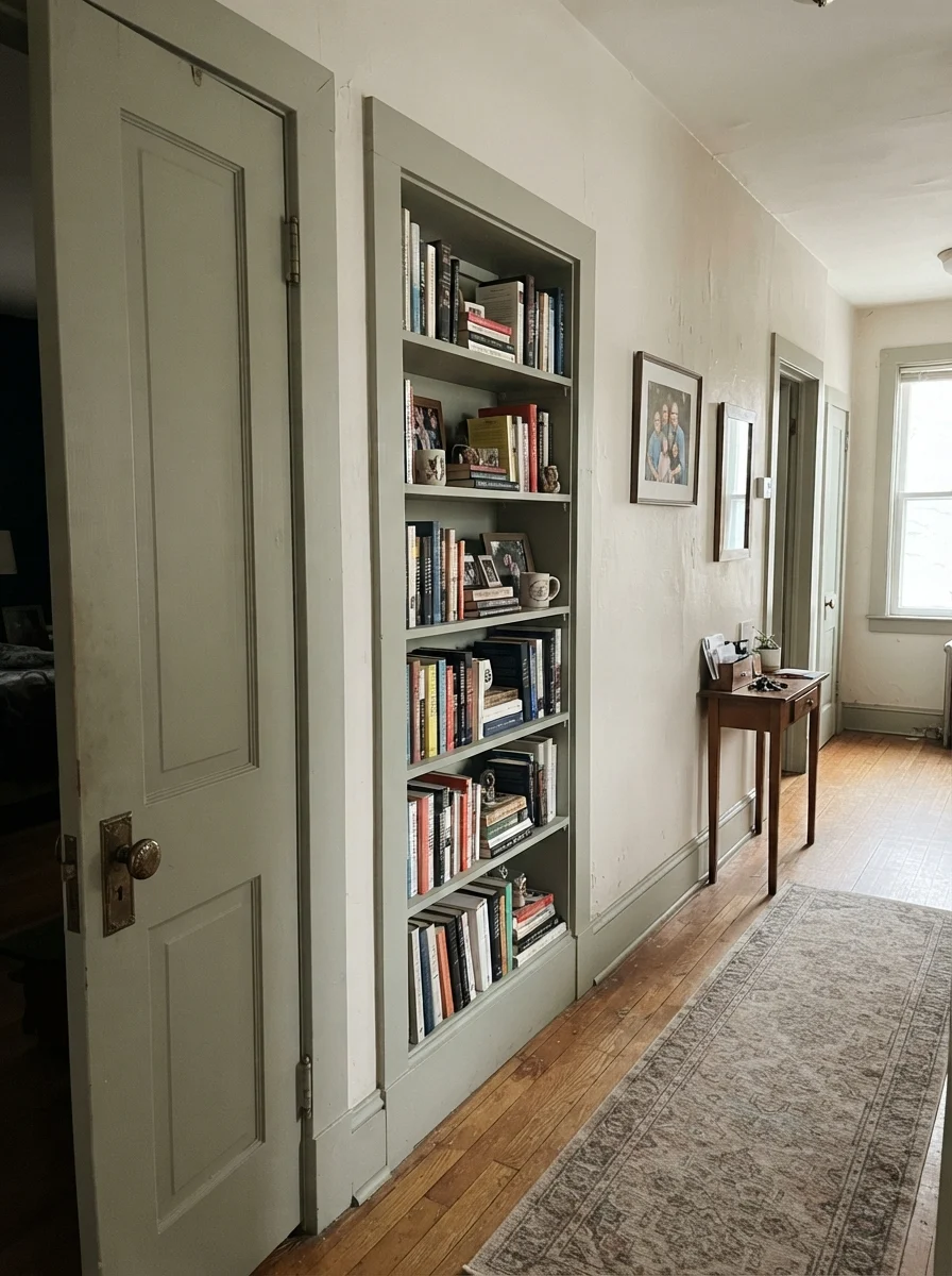 Interior door and built-in bookshelf painted in City Loft against cream walls