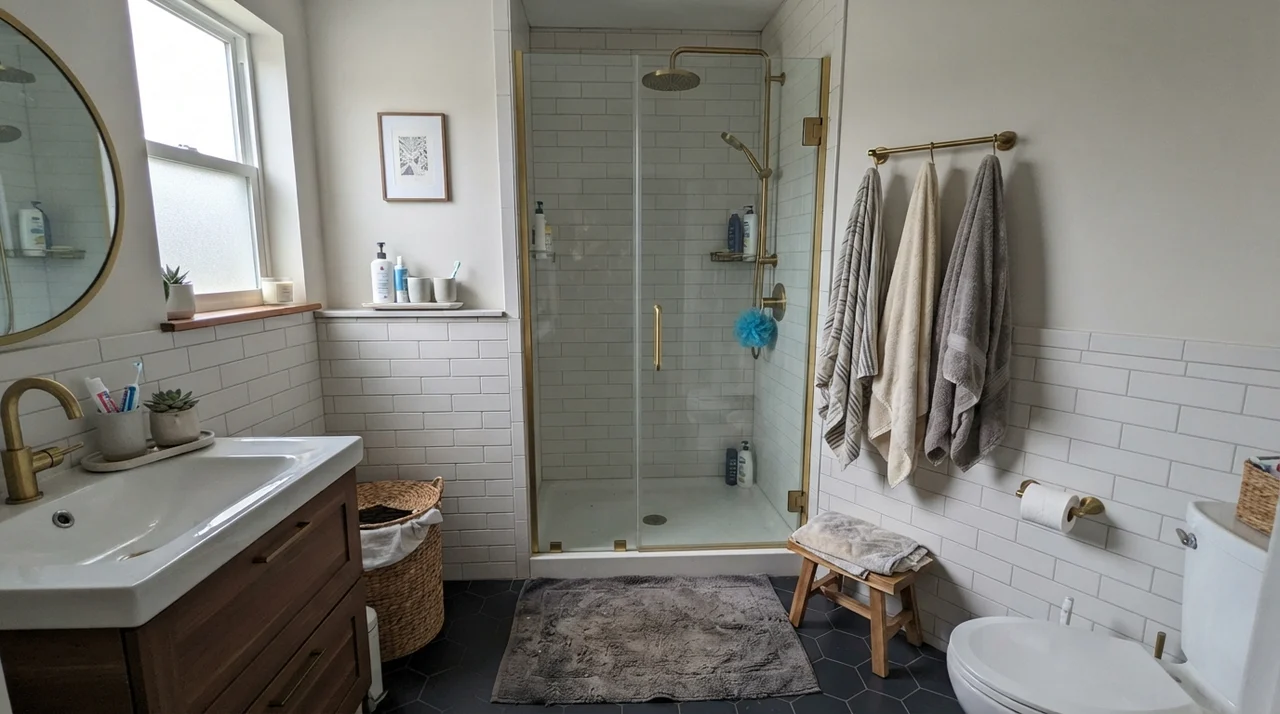 Family bathroom with City Loft on the upper walls above white subway wainscoting and brass hardware