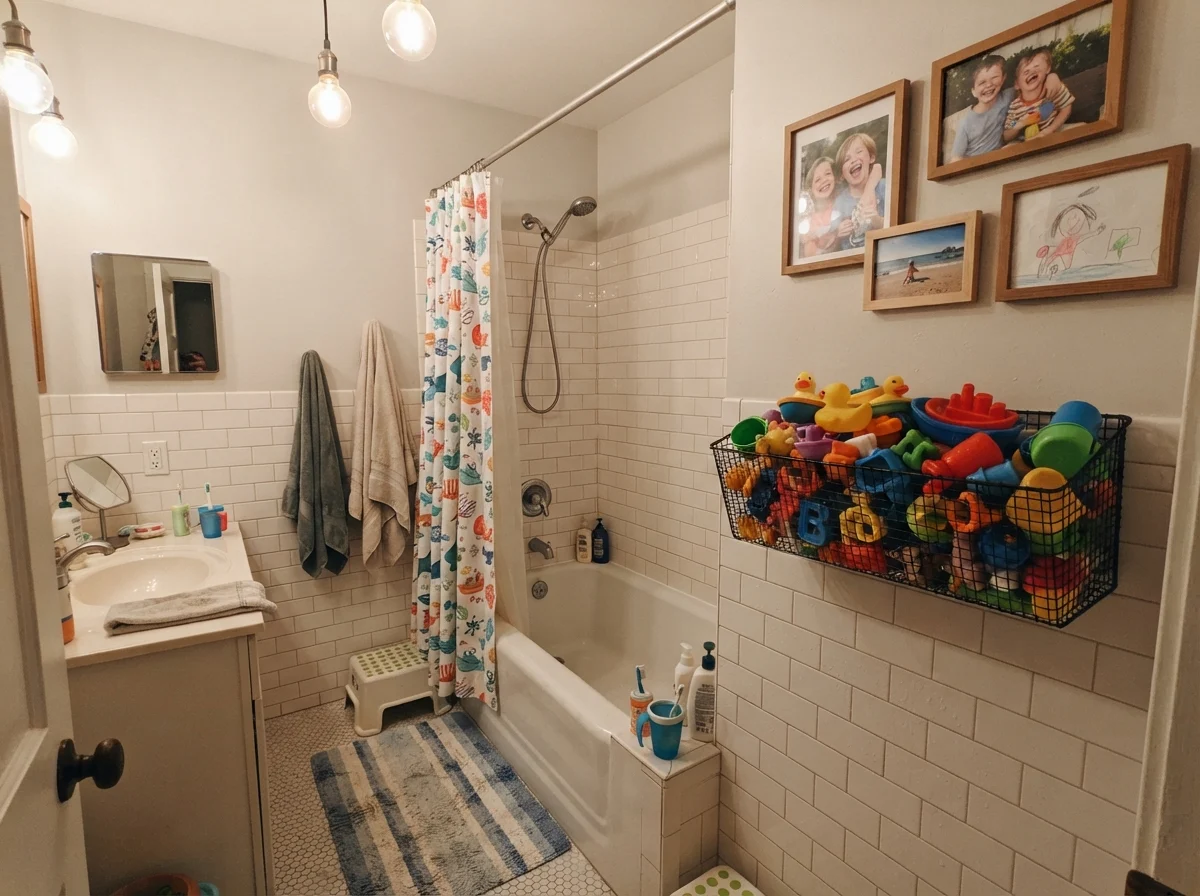 Kids bathroom with City Loft walls over white subway tile
