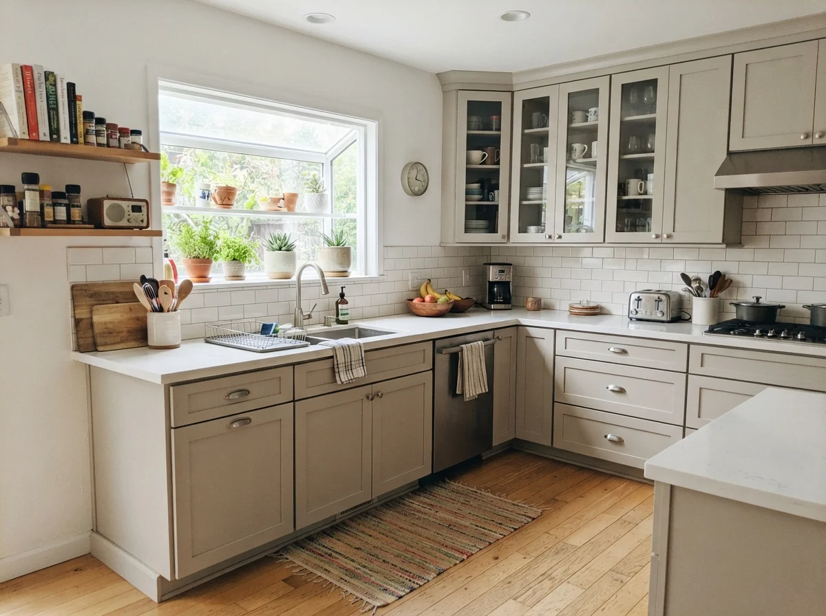 Full kitchen shaker cabinets painted in City Loft