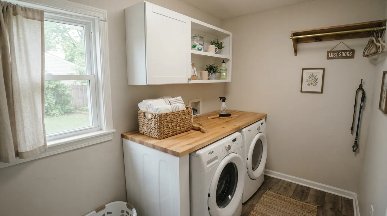 Laundry room with City Loft walls, white cabinets, and butcher block countertop