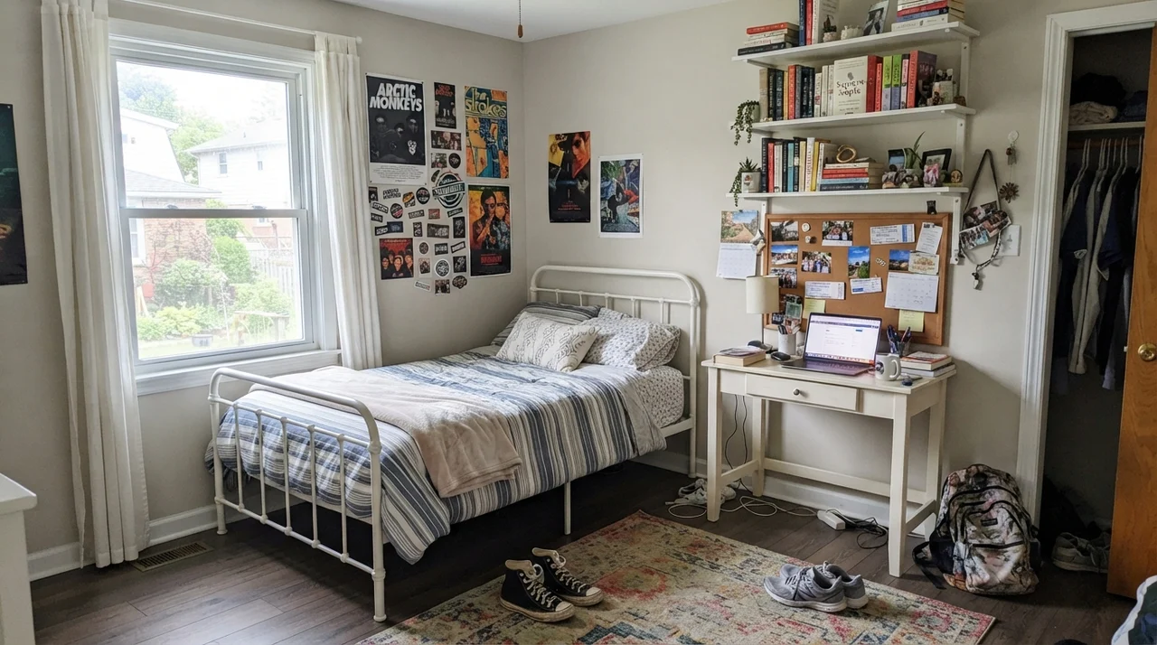 Teenager bedroom with City Loft walls, metal bed frame, and desk