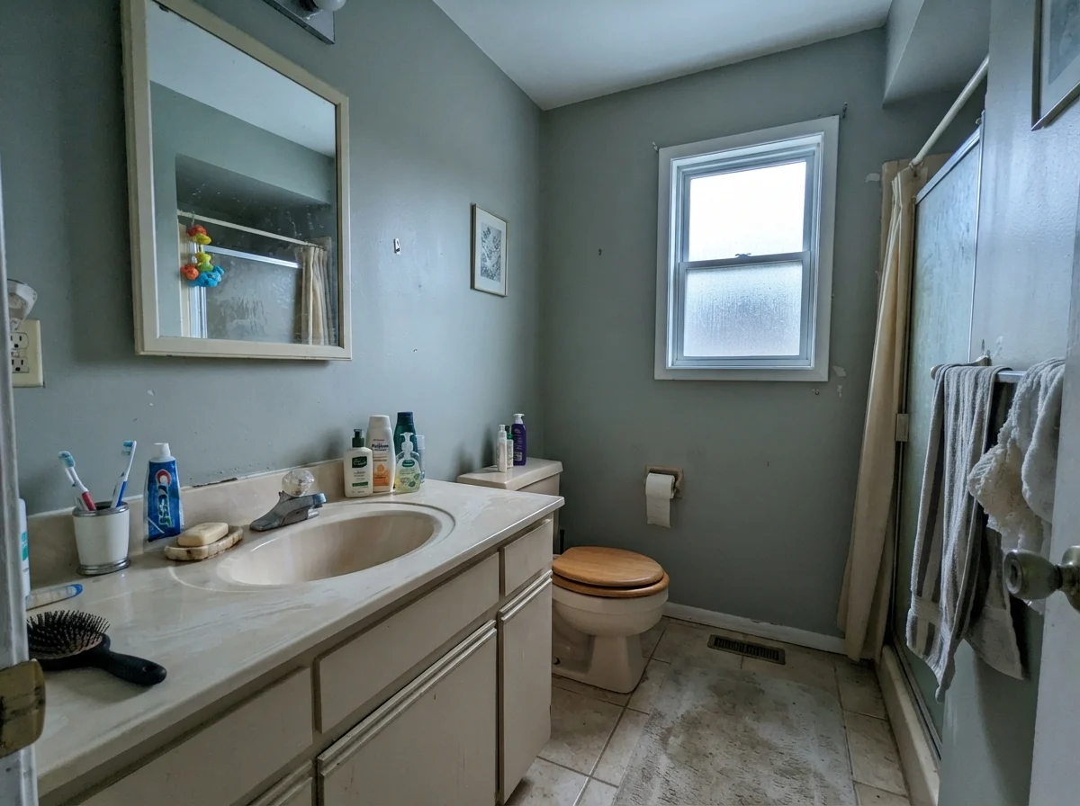 Dated bathroom showing Clary Sage picking up a cool, slightly blue-gray tone next to an older beige vanity on a rainy day.