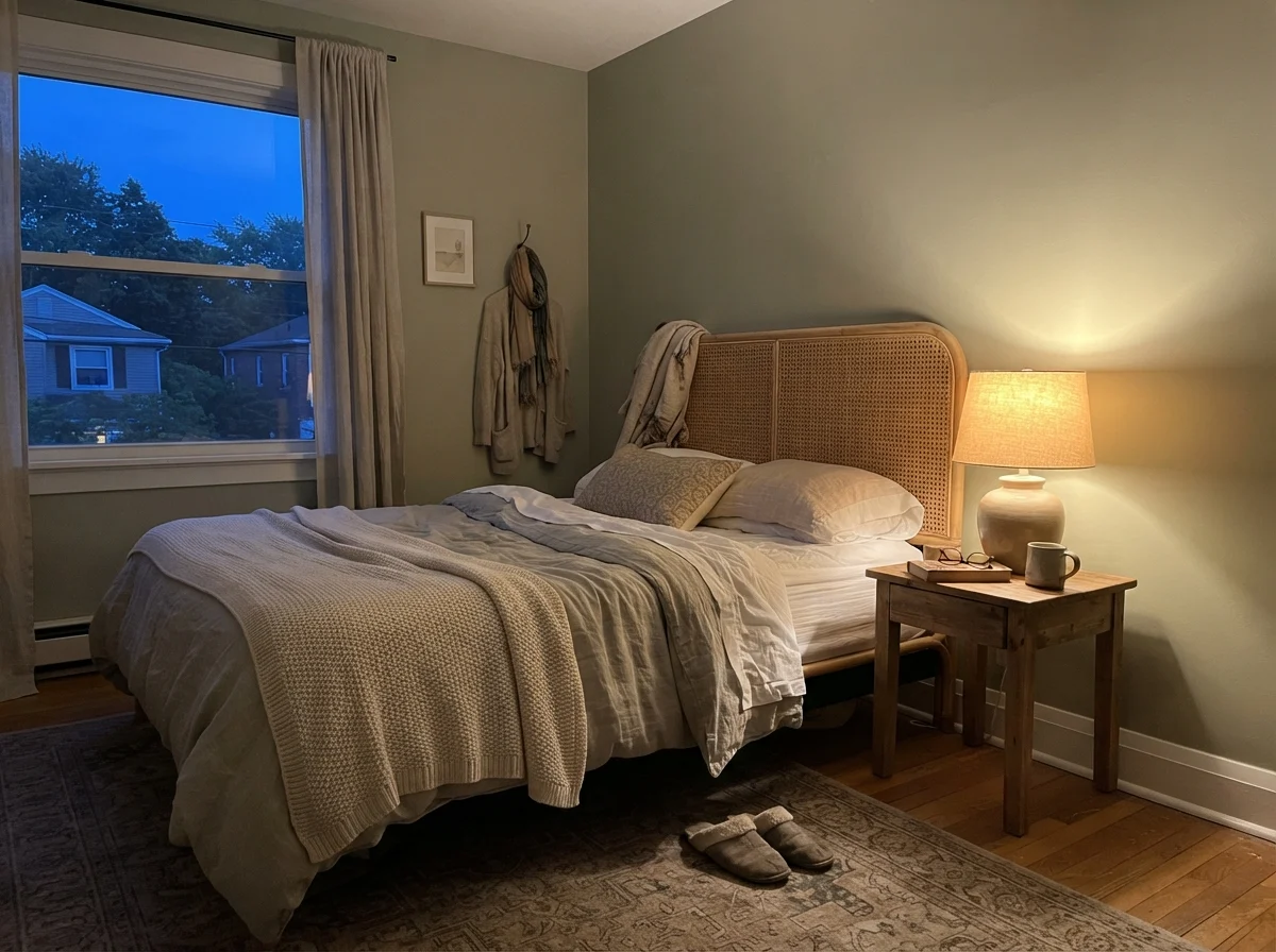 Bedroom at dusk with a single warm table lamp bringing out the green warmth of Clary Sage walls beside a cane headboard.