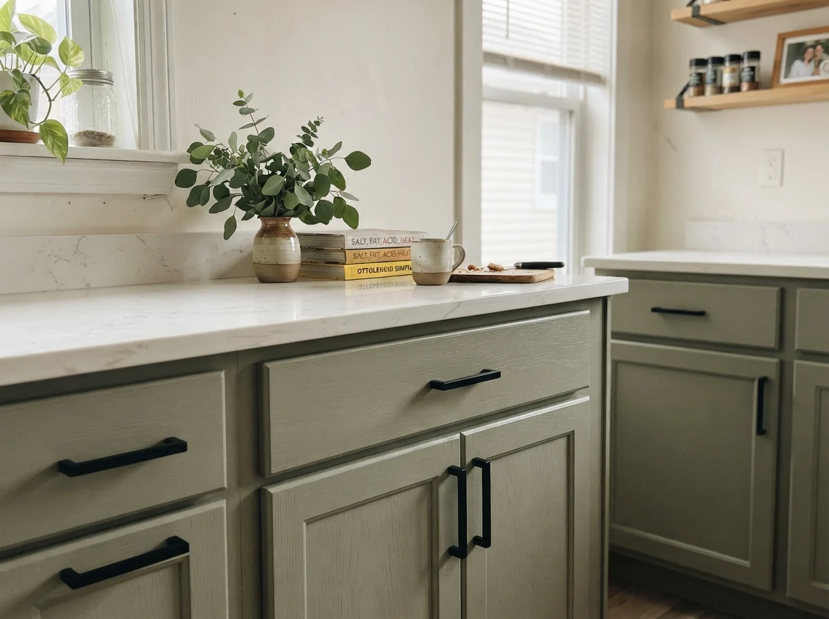 Close-up of Clary Sage painted cabinet door with matte black handle and white quartz countertop.