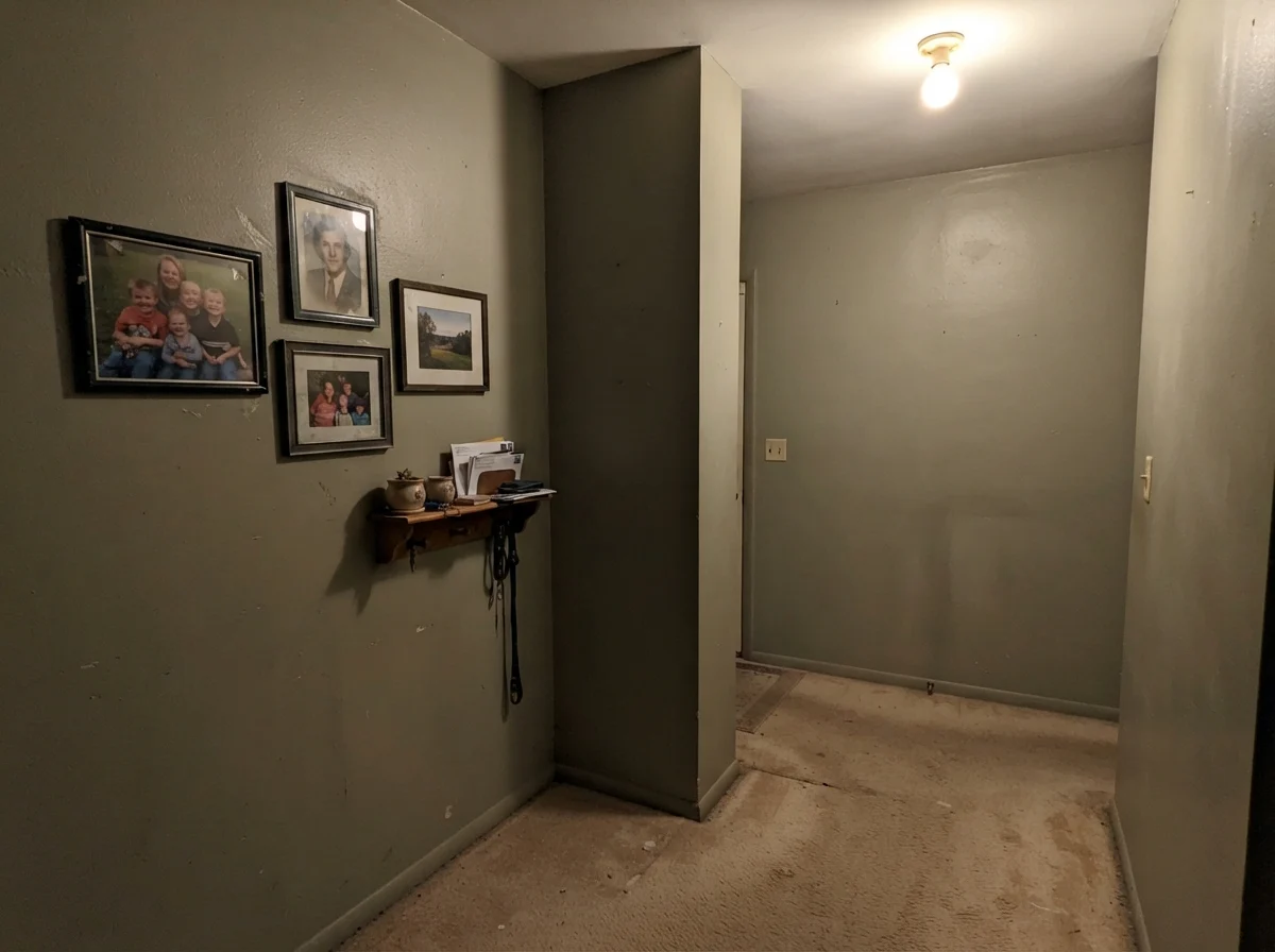 Windowless hallway corner showing Clary Sage turning flat and muddy brown-gray under a dim overhead bulb.